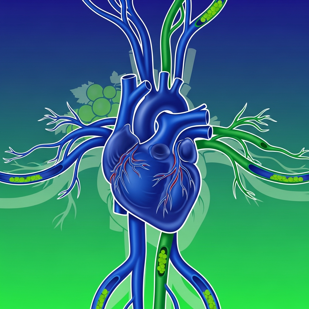 An abstract yet clear infographic showing healthy blood vessels and a strong heart, with green grape elements subtly incorporated, modern clean layout, high contrast, blue and green gradient background, no text.