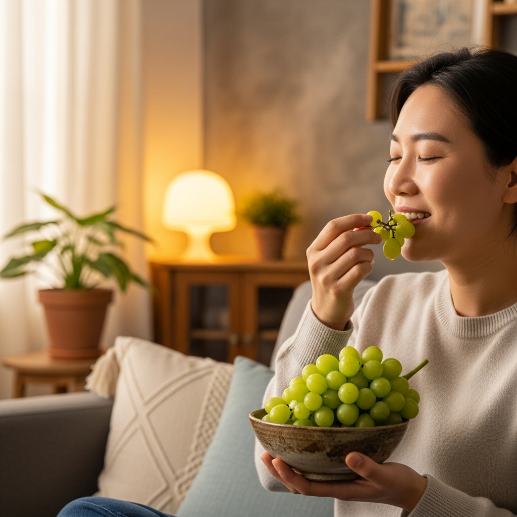 A person happily enjoying a bowl of green grapes as a healthy snack, relaxed indoor setting with warm, soft lighting, natural home background, no text, Korean appearance.