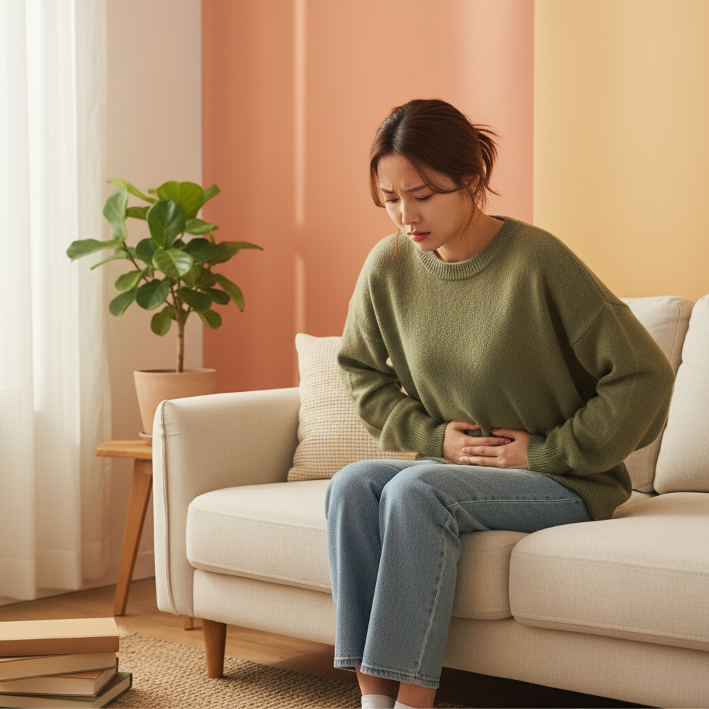 A young Korean woman feeling stomach discomfort, holding her stomach, with a slightly worried expression, sitting on a sofa in a warm, natural living room setting, soft lighting, colored background, no text