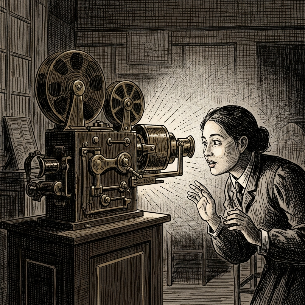 An illustration depicting a vintage Kinetoscope in a dimly lit room, with a Korean person looking into it with curiosity. The atmosphere is historic and innovative. Style: historical illustration. No text.