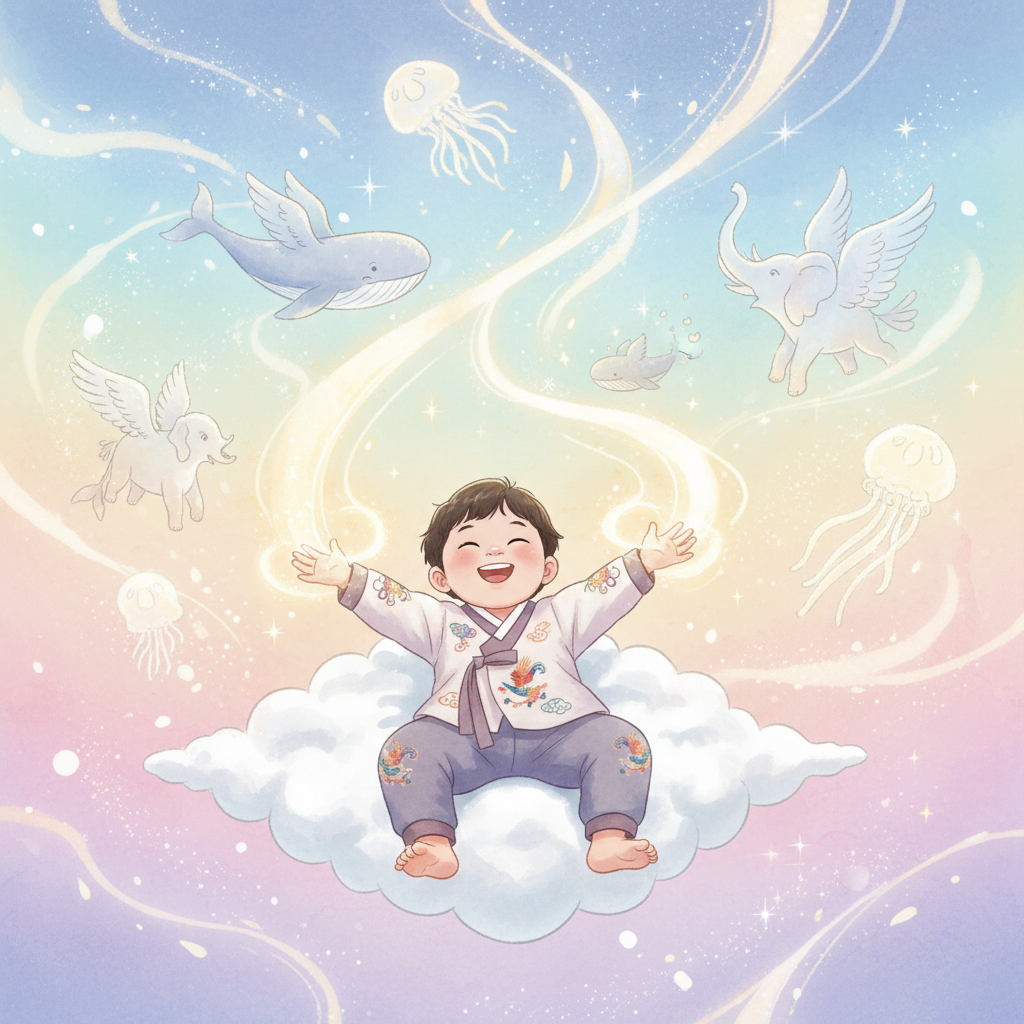 A child dreaming of flying, vivid imagination, a bright and hopeful expression, subtle magical elements like faint glow around hands, colorful gradient background, Korean appearance, no text