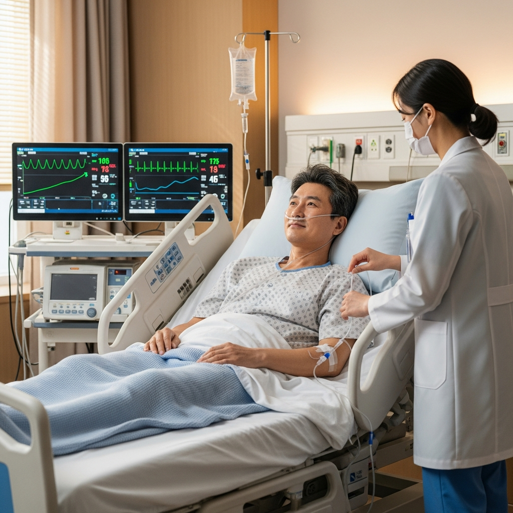 A Korean patient receiving medical treatment in a hospital setting with healthcare provider administering therapy. Show hopeful recovery progress with charts or monitors in background. Realistic clinical atmosphere, no text.