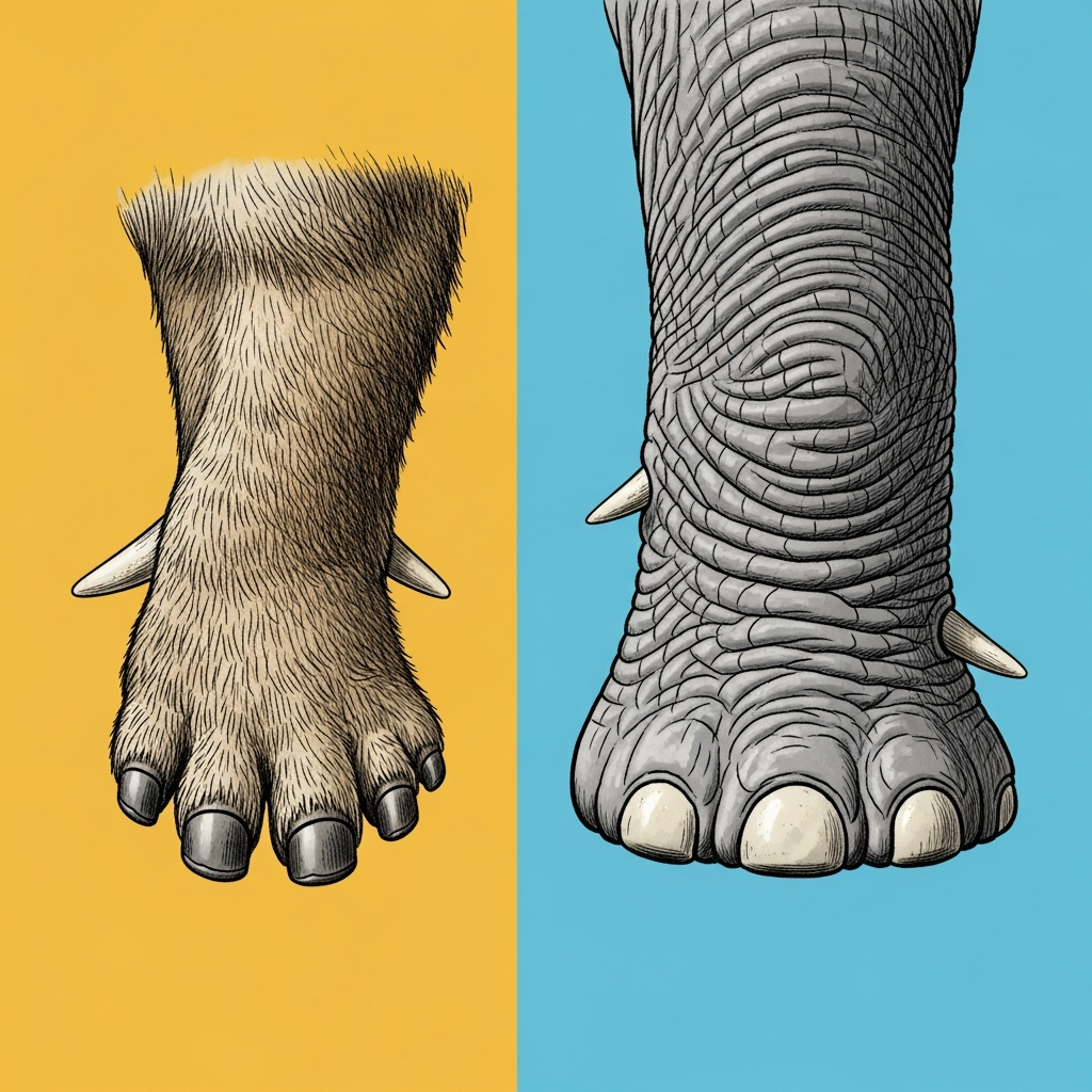 detailed illustration of a hyrax's foot and an elephant's foot, highlighting similar pad structures and small tusks, modern layout, high contrast, colored background, no visible text.