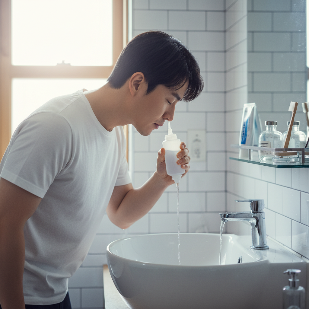 A Korean man performing nasal rinsing with saline solution, clean bathroom setting, soft natural light, focused on the action, no text