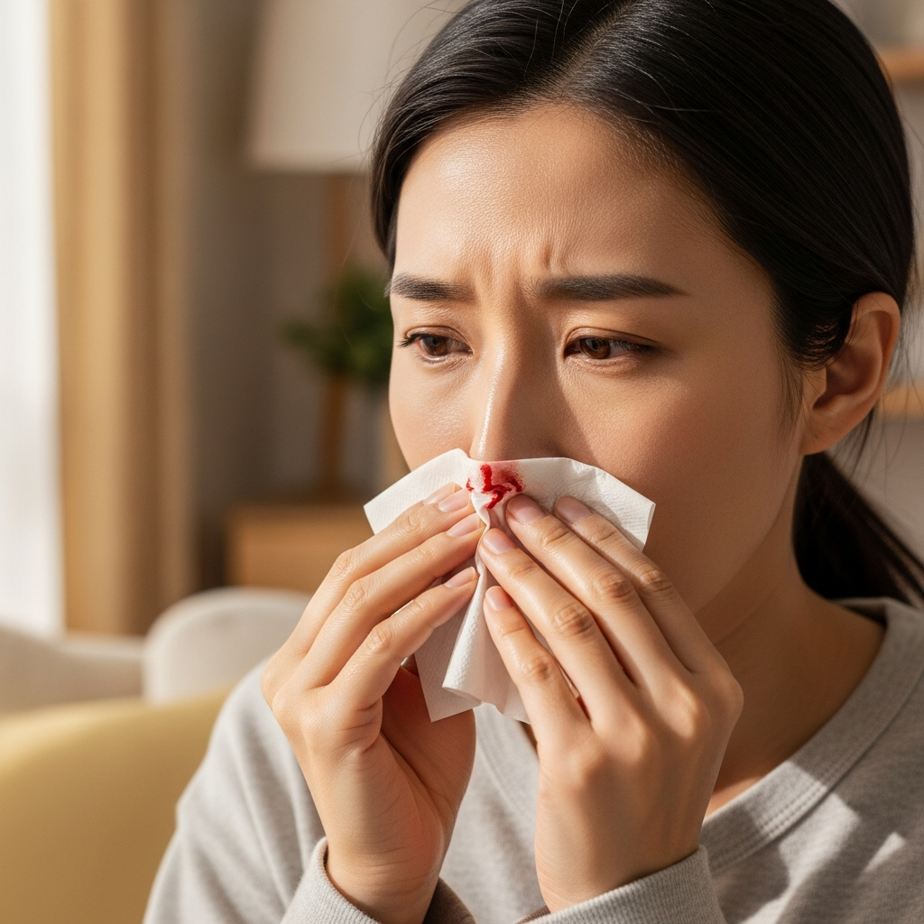 A Korean person holding tissue to nose with nosebleed, concerned expression, indoor home setting with soft natural lighting, lifestyle photography, warm colored background, realistic detail, no text