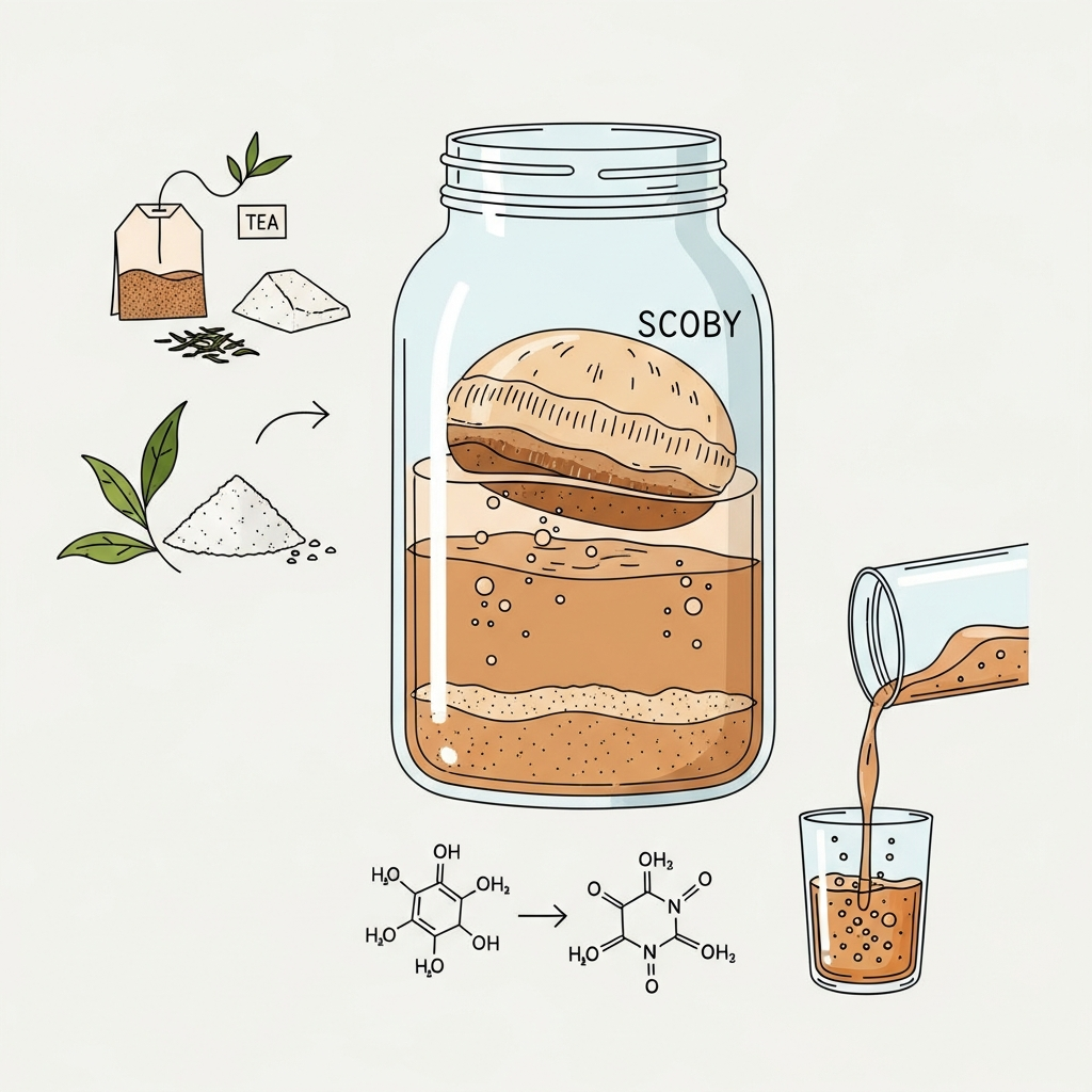 Illustration of kombucha fermentation process showing tea, sugar, SCOBY culture in glass jar, clean infographic style with natural colors, Korean labels concept, scientific yet approachable, no text in image