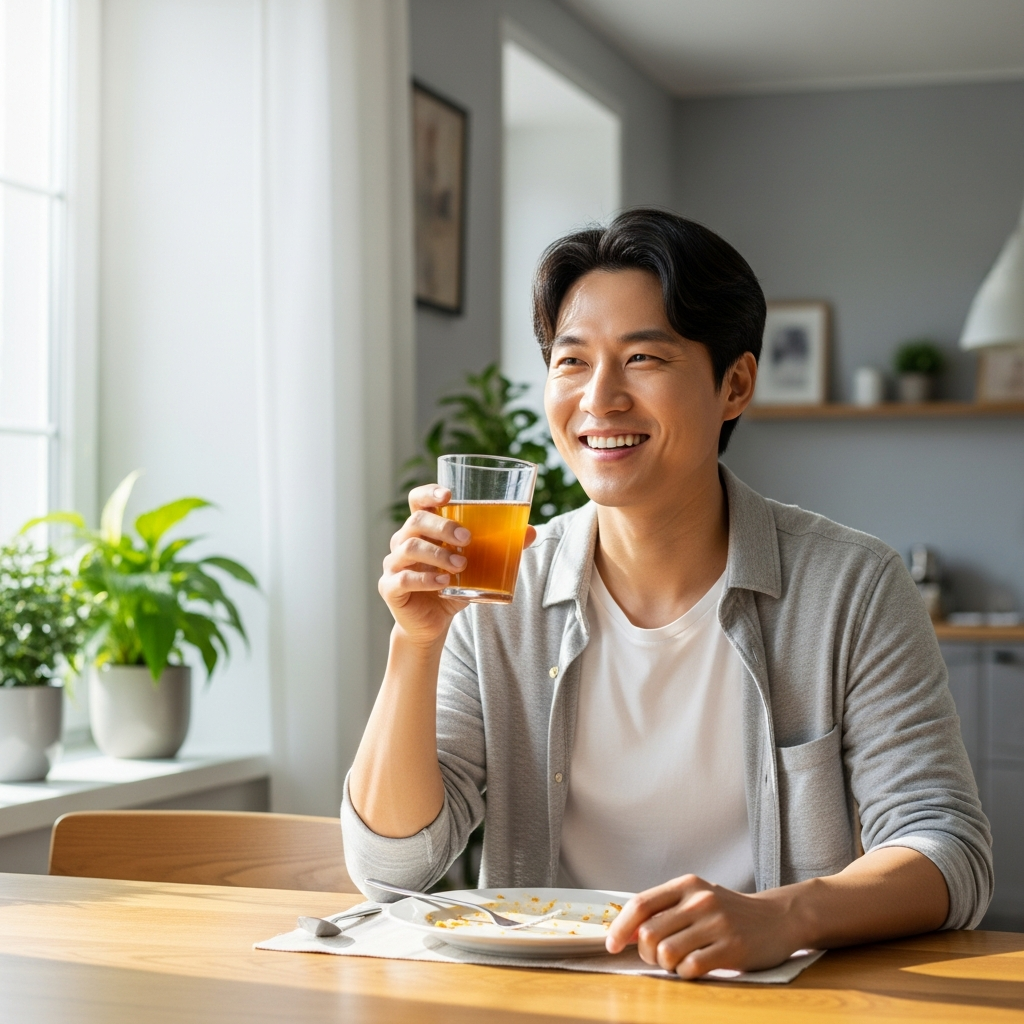 Happy Korean person enjoying kombucha after meal at home, bright dining room setting, healthy lifestyle moment, natural daylight, relaxed atmosphere, realistic lifestyle photography, positive mood, no text in image