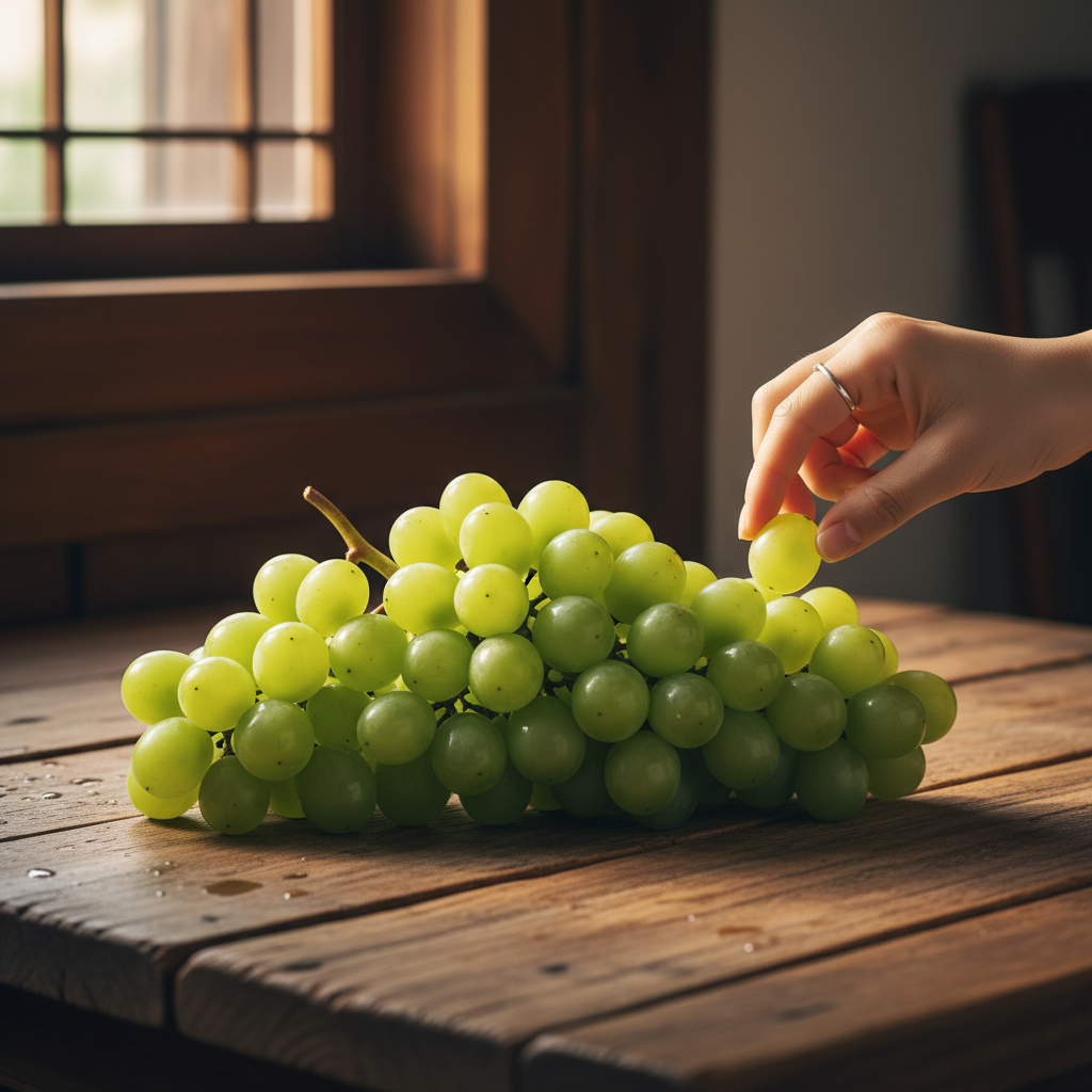 A vibrant bunch of fresh Shine Muscats on a wooden table, a Korean hand gently reaching for one, lifestyle photography, warm lighting, natural setting, rich wooden background, no text
