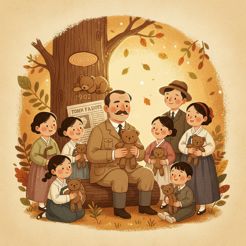 An artistic illustration depicting the origin of teddy bears, showing elements like Theodore Roosevelt and an early teddy bear, with a textured and warm background. Korean appearance people, no text.