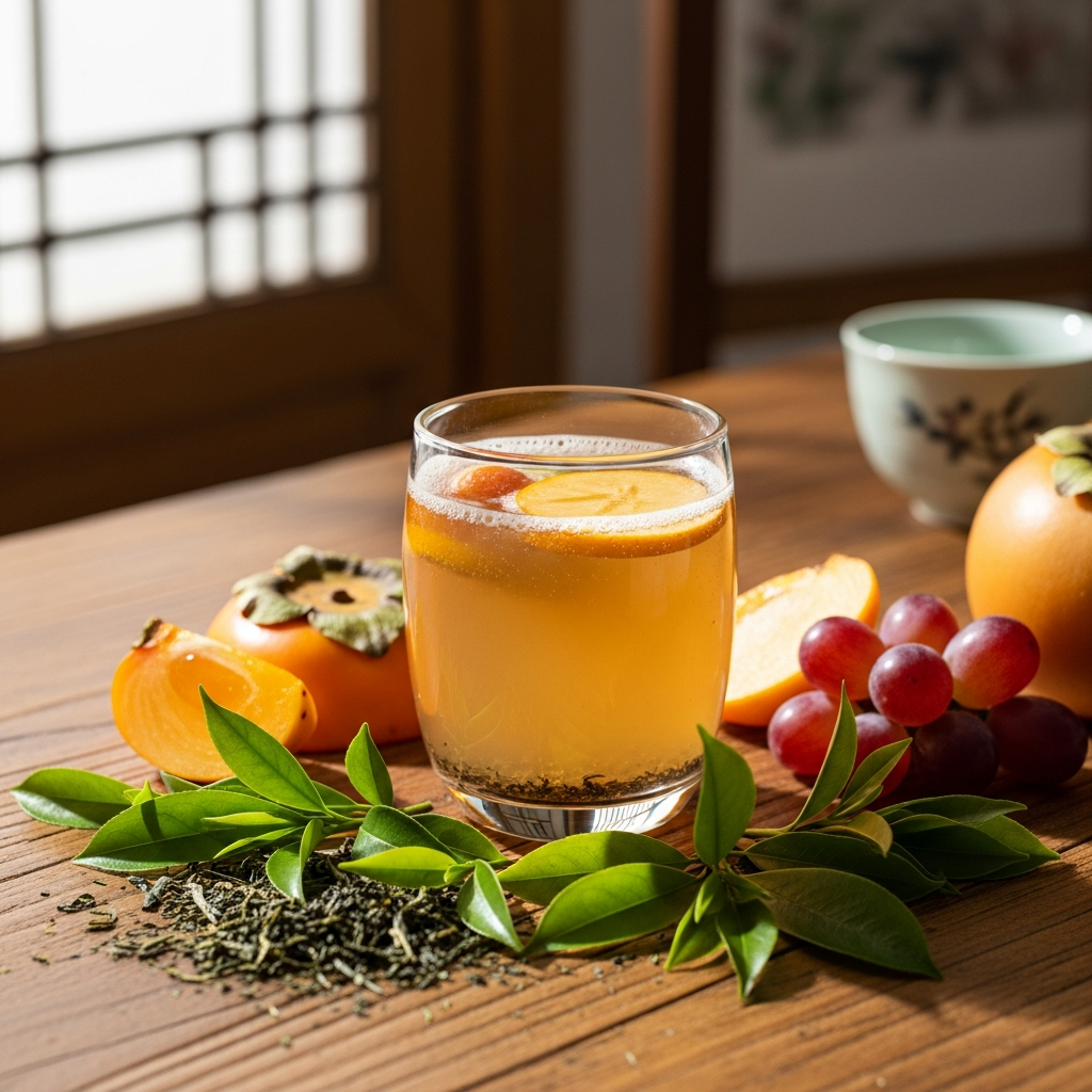 A refreshing glass of kombucha on a wooden table with natural lighting, surrounded by fresh tea leaves and fruits, lifestyle photography style, Korean setting, warm atmosphere, no text in image
