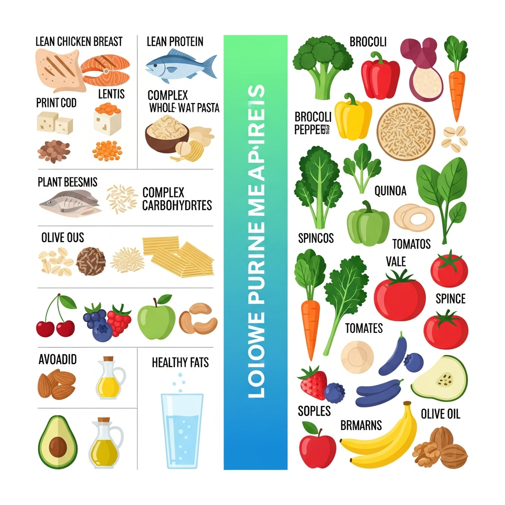 A clean infographic showing a balanced meal for gout management, with various low-purine and healthy food options, modern layout, high contrast, vibrant colored background, no text.