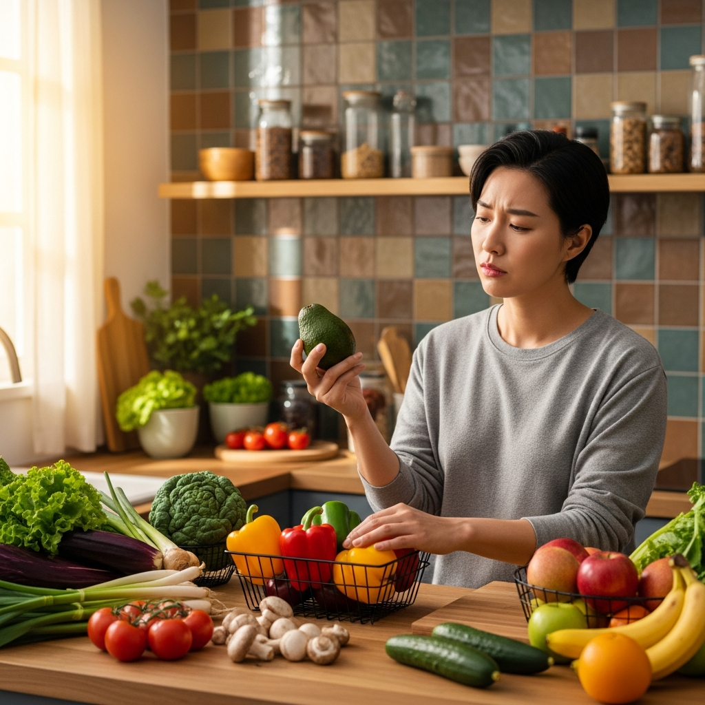 A Korean person, thoughtful and concerned, choosing groceries in a vibrant kitchen setting, warm lighting, textured background, healthy food items like vegetables and fruits around, no text on packaging, natural expression.