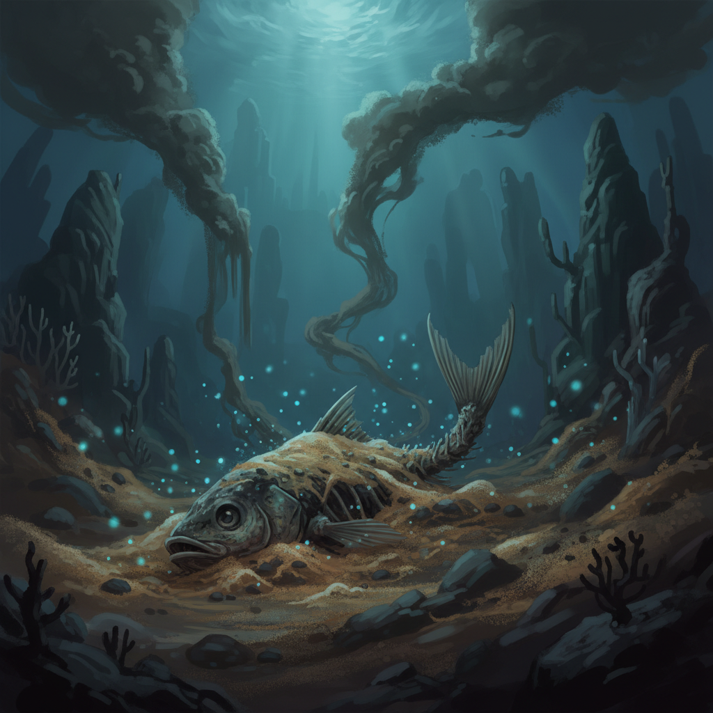 A dynamic illustration showing a dead fish sinking into muddy seabed, with sediment layers accumulating over it, dark and mysterious underwater setting, no text