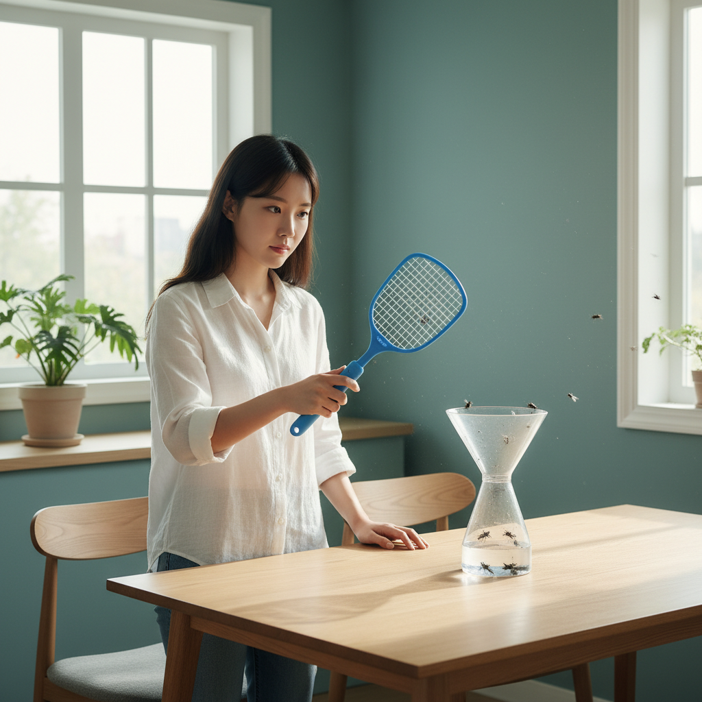 Practical scene showing a person using a fly trap or an electric fly swatter to deter flies in a home setting, modern layout, bright and balanced lighting, colored background, no text, Korean appearance, natural expression, centered focus, visually rich.