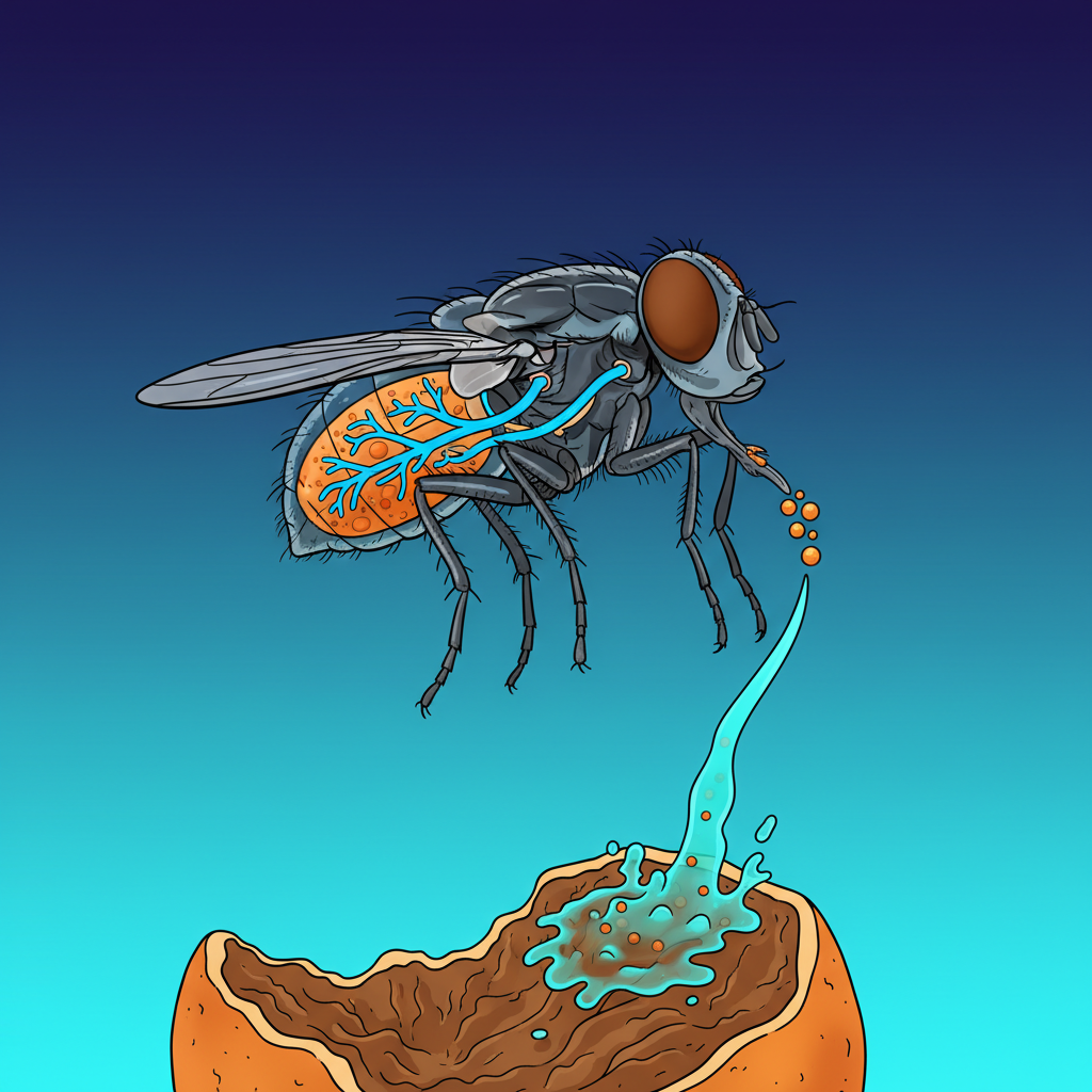 Scientific illustration of a housefly secreting saliva onto food, showing the digestive process, with a clean infographic style, high contrast, gradient background, no text, detailed composition, visually rich.