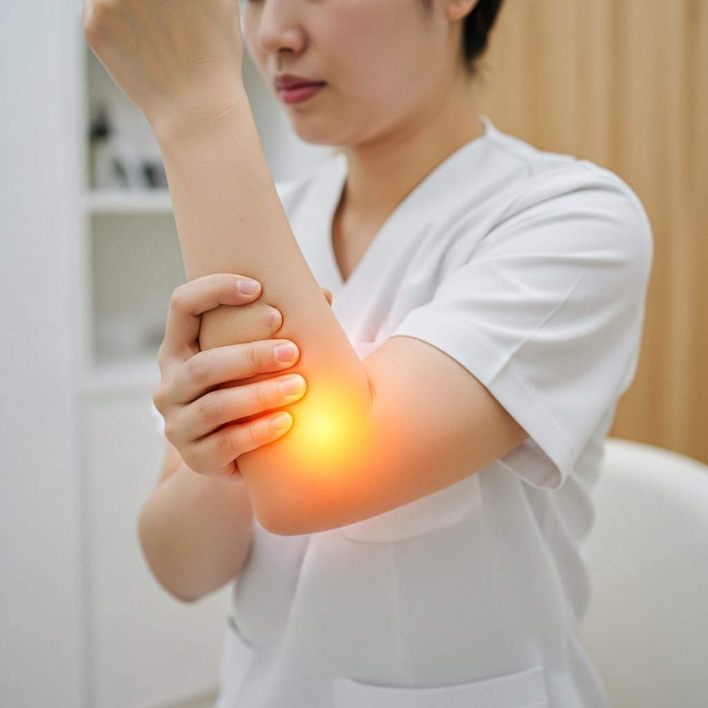 A person holding their elbow in discomfort, with a warm glow highlighting the elbow joint area. Show realistic anatomical positioning with subtle inflammation visualization. Clean, clinical yet approachable style. Natural indoor lighting, Korean individual, no text.