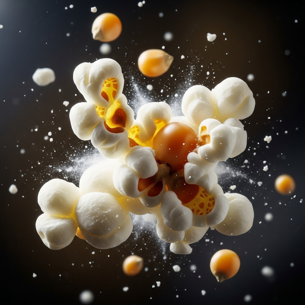 Dynamic moment of a popcorn kernel popping and exploding, showing starch rapidly expanding, white fluffy interior emerging, burst of kernels in motion, dramatic lighting, close-up action shot, no text