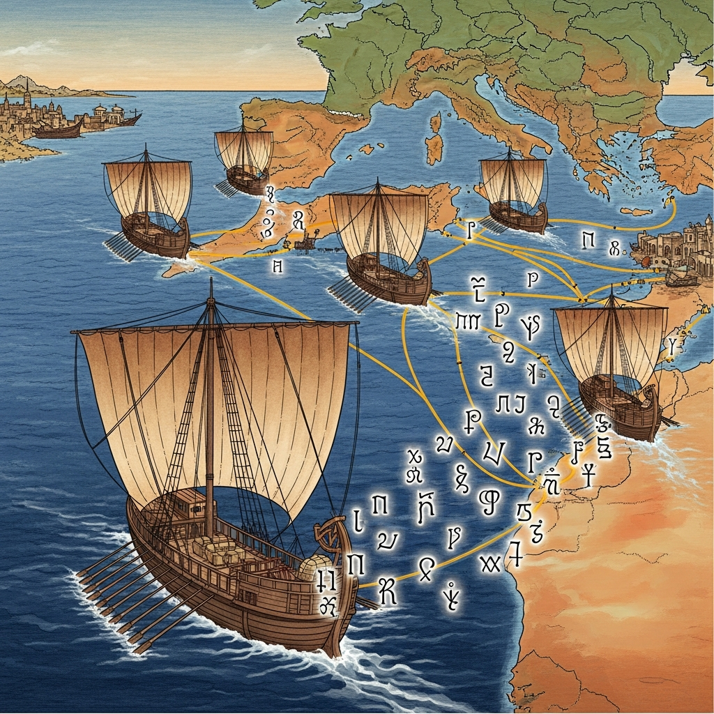 Illustration depicting ancient Phoenician ships sailing across the Mediterranean Sea, with a stylized map showing trade routes. In the background, subtle representations of 22 Phoenician consonant symbols emerging from the ship's cargo or wake, symbolizing the spread of the alphabet. Warm, historical colors. No text in image.