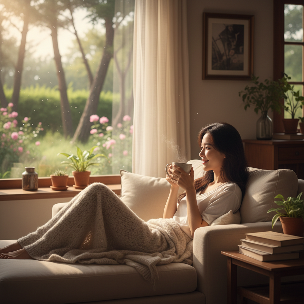 A Korean person relaxing on a comfortable sofa, sipping a warm drink, with soft sunlight filtering through a window, creating a serene and calm atmosphere, warm lighting, natural setting, no text