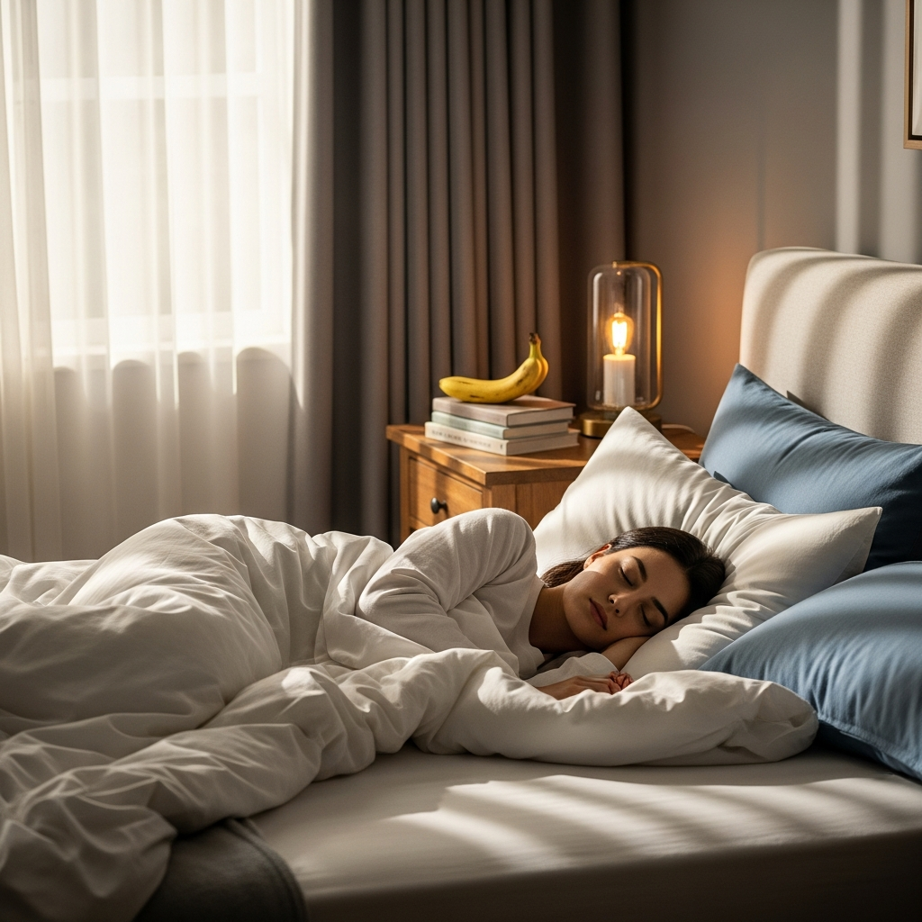 A serene bedroom scene with soft natural light, showing a person peacefully sleeping. Include a banana on the nightstand in the background. Warm, calming colors and cozy atmosphere. Lifestyle photography style. No text.