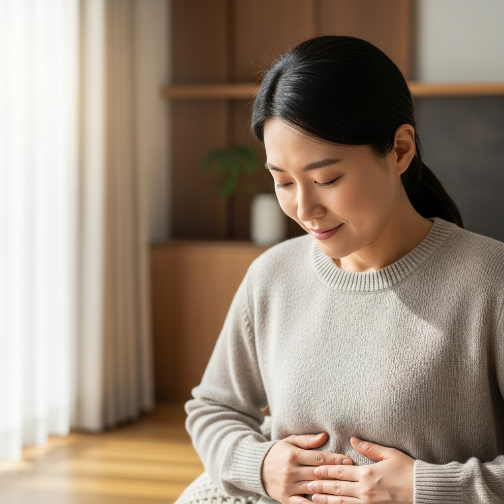 A calm and relaxed Korean person, gently touching their stomach with a relieved expression, in a peaceful, natural light setting. Lifestyle photography. No text.