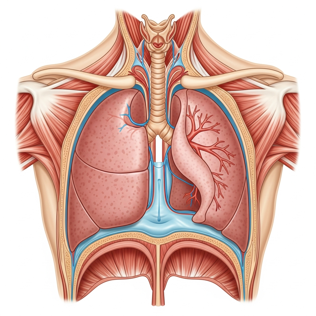 Anatomical cross-section illustration of human chest showing pleura, lungs, and pleural cavity with clear labels. Medical educational style with natural colors, showing the visceral pleura covering lungs and parietal pleura lining chest wall. Clean, detailed infographic design, no text.