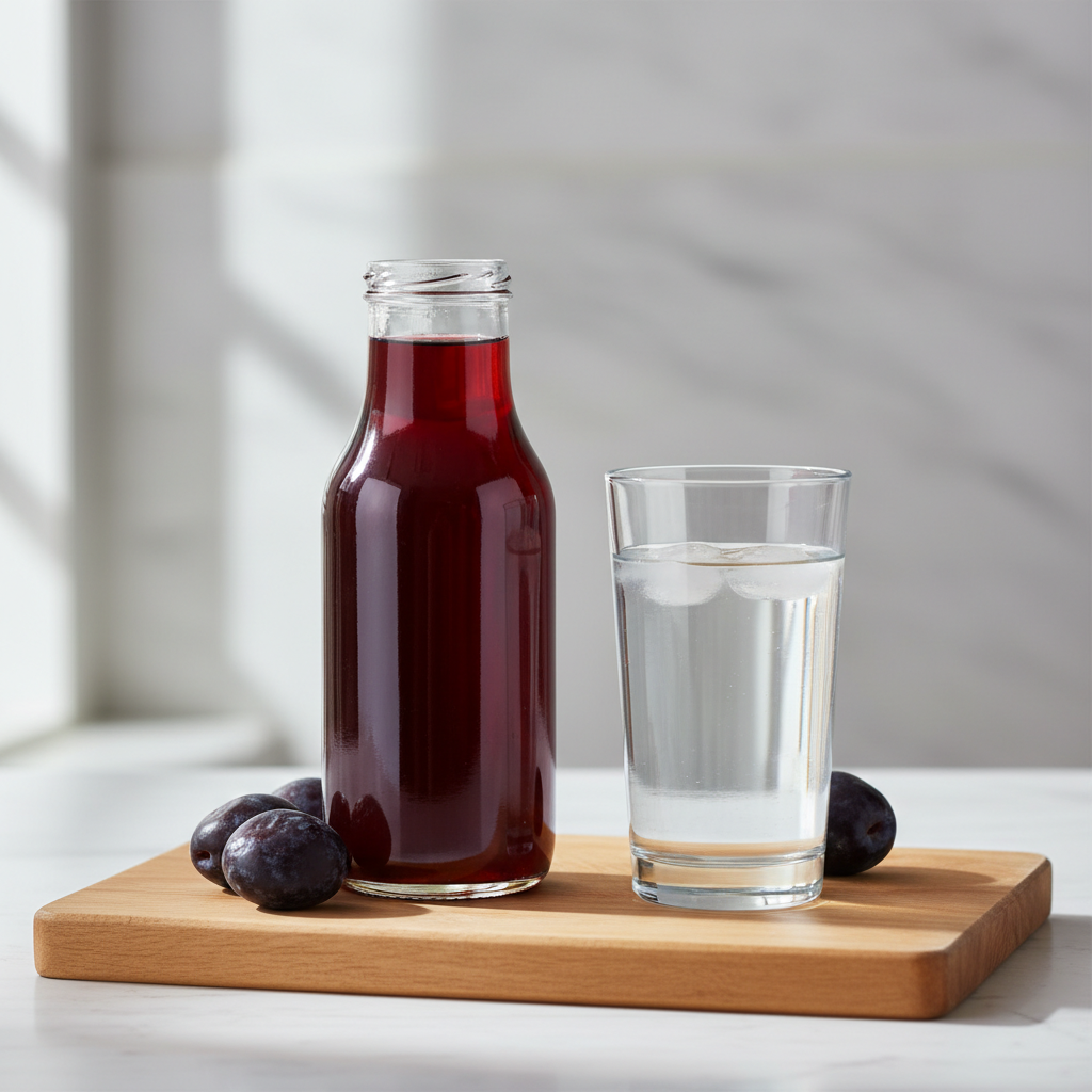 A clean infographic or lifestyle photography showing a bottle of prune juice and a glass of water on a kitchen counter, suggesting healthy hydration, bright and balanced lighting, textured background, no visible text.