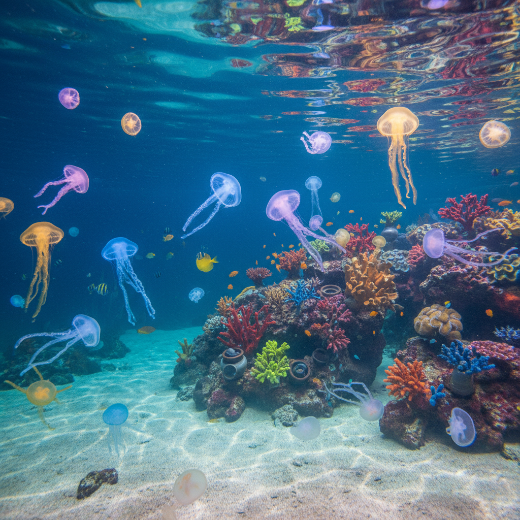 A serene underwater scene with various jellyfish gracefully swimming in blue waters, soft light, vibrant coral background, Korean setting, no text