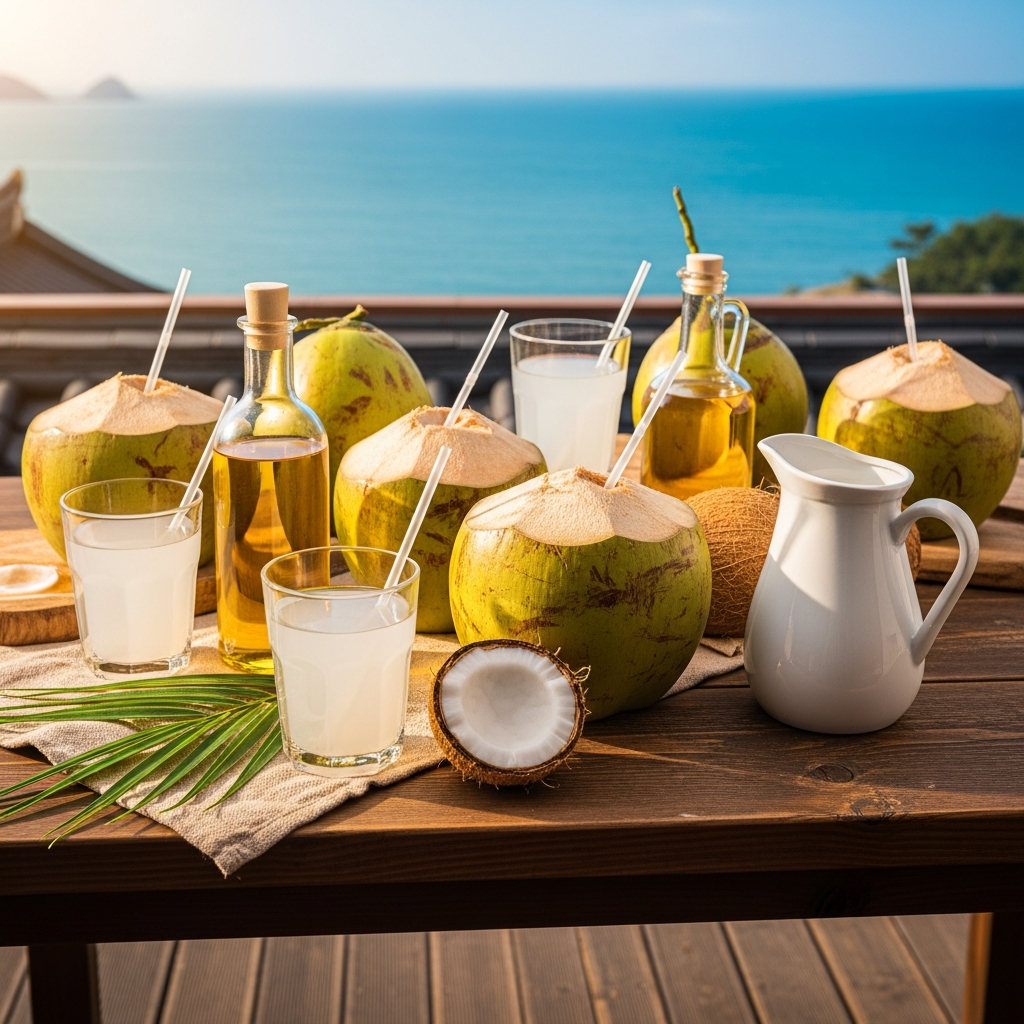 A vibrant lifestyle scene showing fresh coconuts, coconut water, coconut oil, and coconut milk on a wooden table with a beautiful blue ocean in the background, warm lighting, colored background, Korean setting, no text