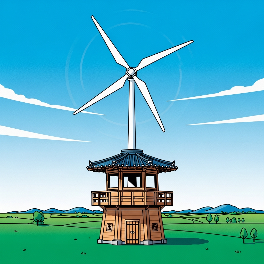 Clean infographic showing a blend of traditional windmill and modern wind turbine, bright blue sky, green fields, clean infographic style, high contrast, no visible text, Korean appearance