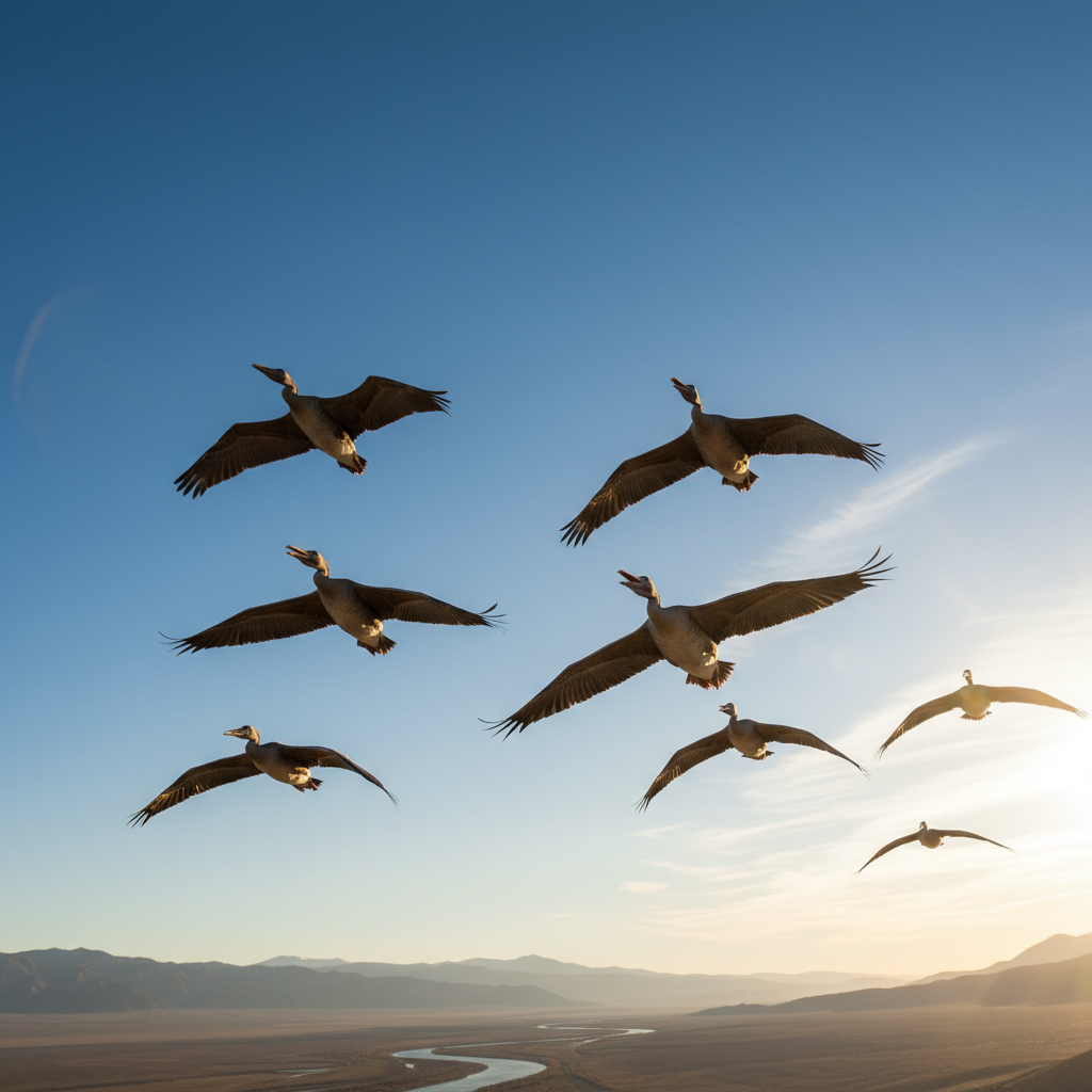Birds in a V-formation, visually communicating with each other during flight, clear sky, natural lighting, no text