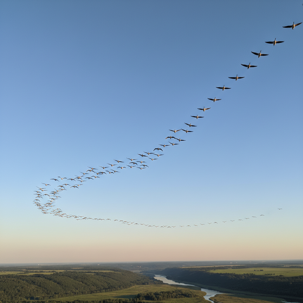 A flock of birds flying in a perfect V-formation against a clear blue sky, dynamic composition, warm lighting, natural setting, no text