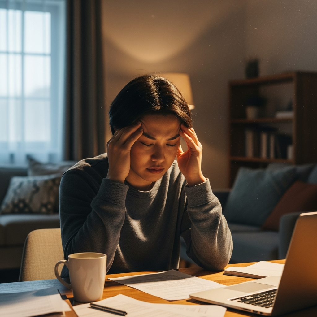 A Korean person looking tired and stressed, rubbing their temples, in a cozy yet slightly messy home environment, warm lighting, natural setting, no text