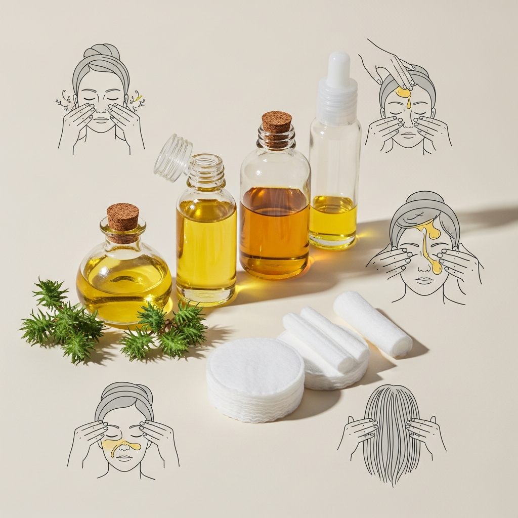 Clean infographic showing step-by-step castor oil application methods, oil bottles, cotton pads, massage techniques illustration, soft lighting, modern lifestyle photography, Korean aesthetic, minimal composition, no text in image
