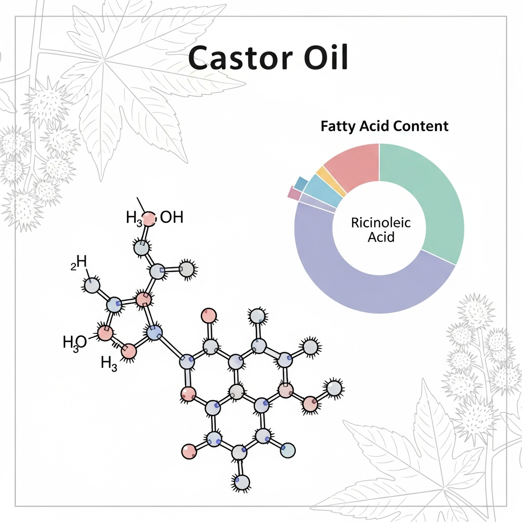 Clean infographic illustration showing castor oil composition with ricinoleic acid molecular structure, pie chart of fatty acid content, botanical elements, soft pastel colors, modern minimal design, educational style, Korean aesthetic, no text in image