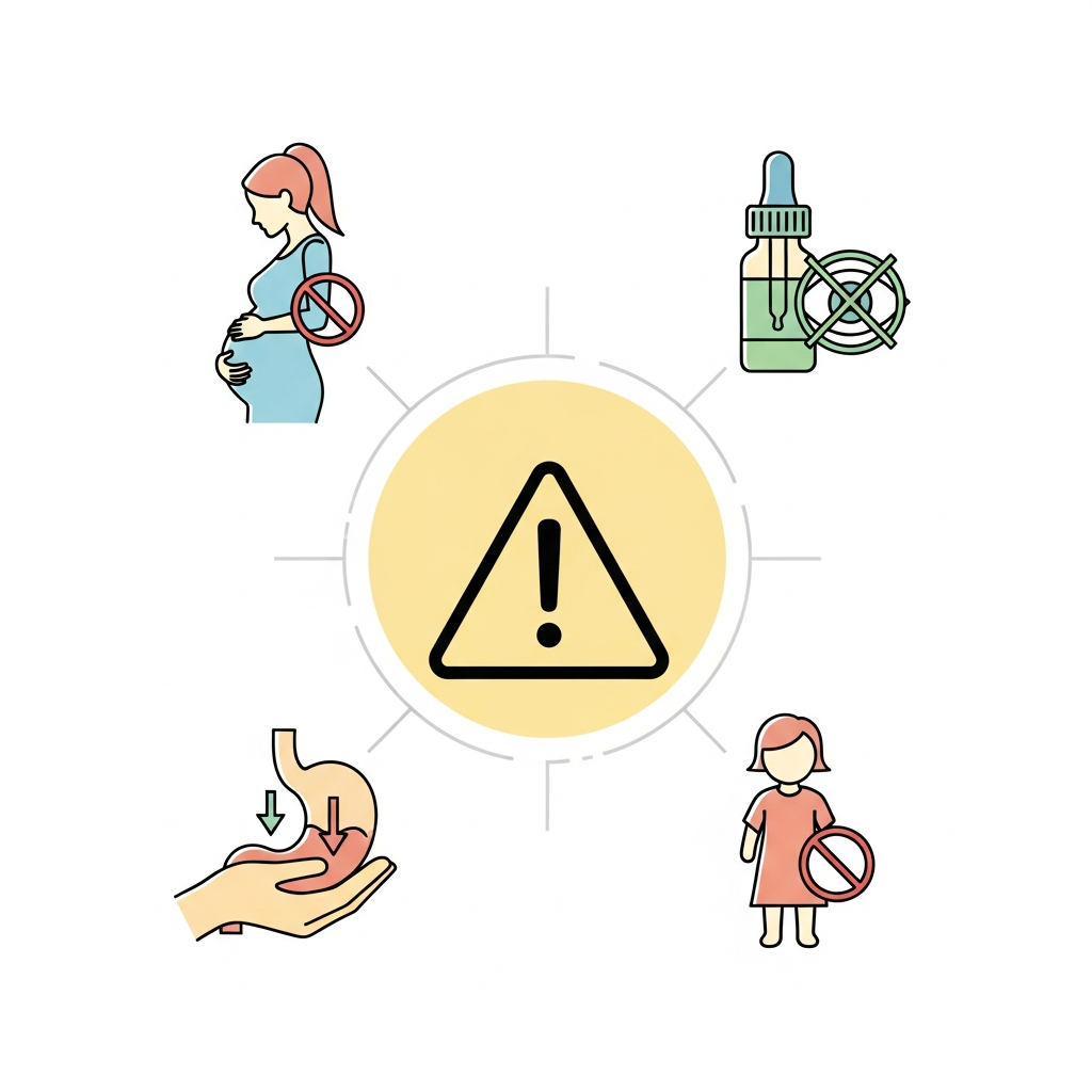 Clean infographic illustration showing warning symbols and precautions for castor oil use, medical icons, safety guidelines visual, soft colors, professional healthcare design style, clear layout, no text in image