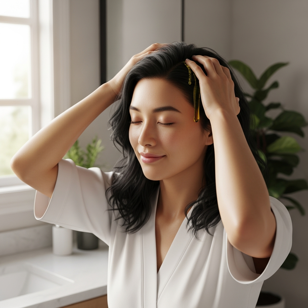 Lifestyle photograph of Korean woman applying castor oil on her hair and scalp, bathroom setting with natural light, relaxed atmosphere, self-care moment, realistic skin texture, warm tones, no text in image