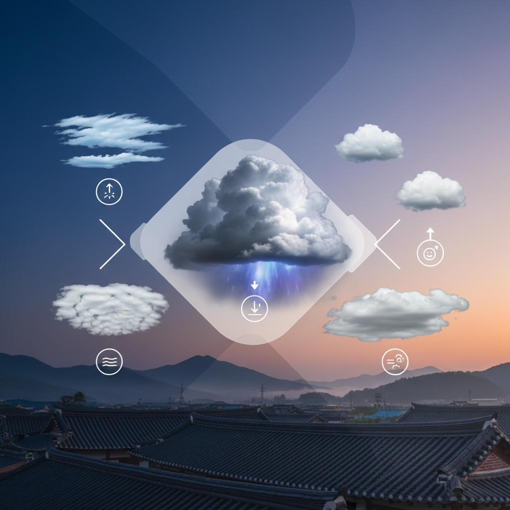 Clean infographic showing various cloud types in the sky, modern layout with small explanations for each cloud type, high contrast, colorful background, Korean setting, no text