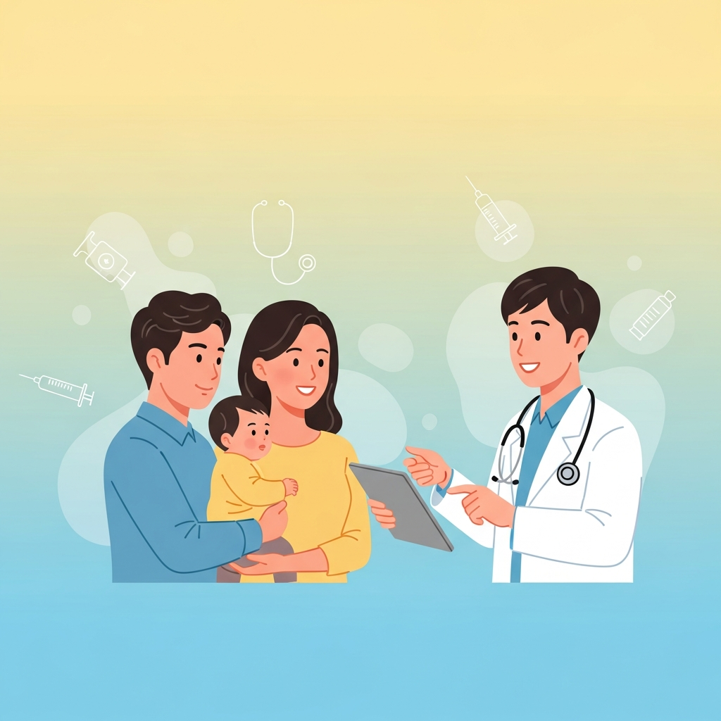 A Korean family, including a baby, consulting with a friendly doctor at a clinic, warm lighting, soft gradient background, clean infographic style, no visible text in image, centered focus, visually rich, no empty margins