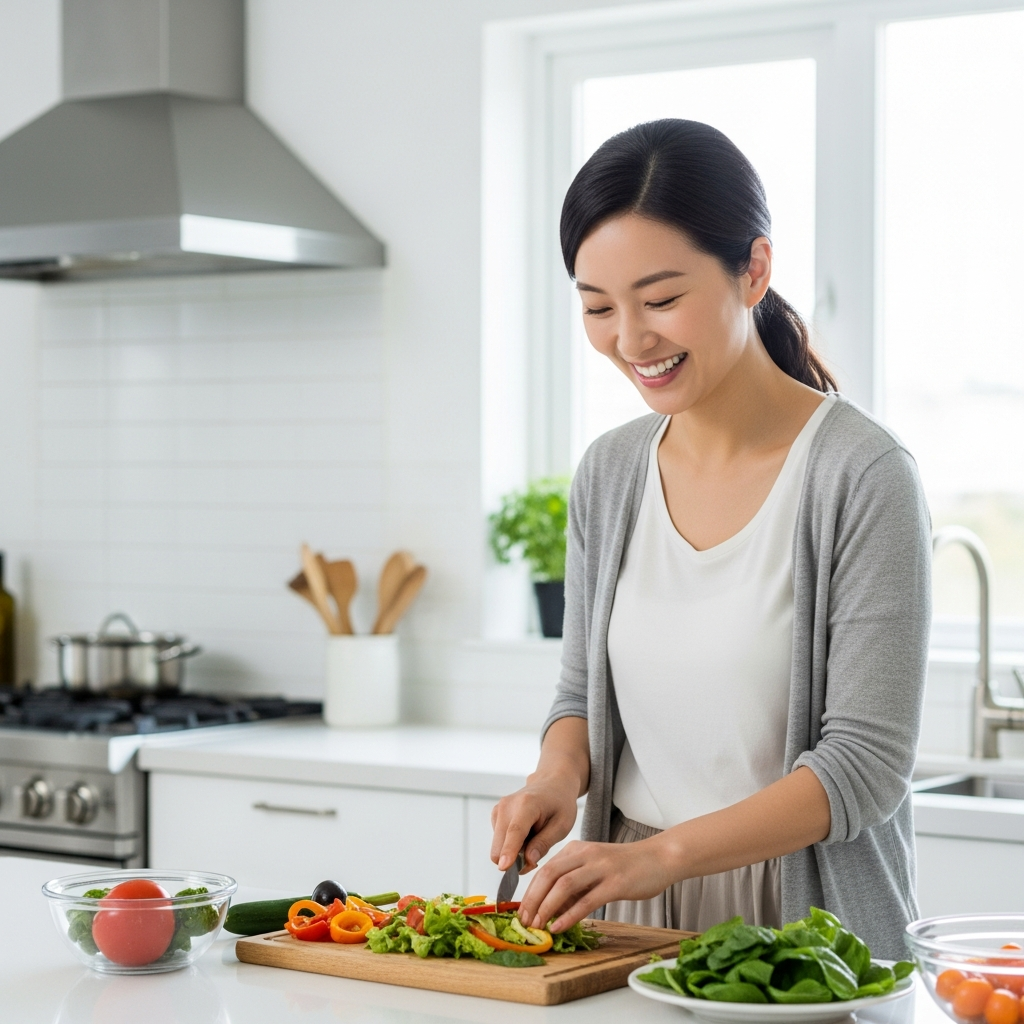 A Korean woman in her 30s smiling while preparing a healthy meal, clean kitchen background, bright and natural lighting, lifestyle photography, no text