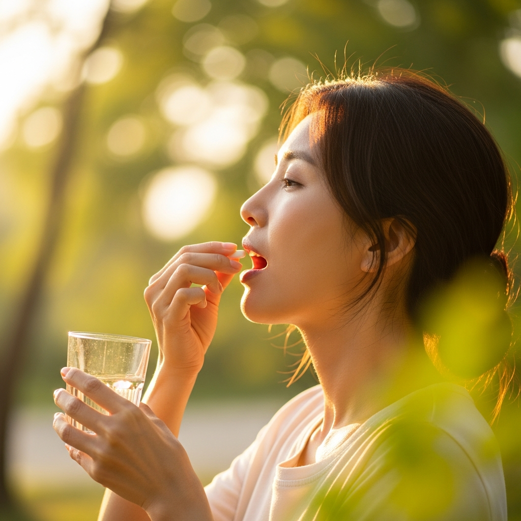 Lifestyle photography of a Korean woman taking a supplement with water, natural setting, warm morning light, colored background, no text