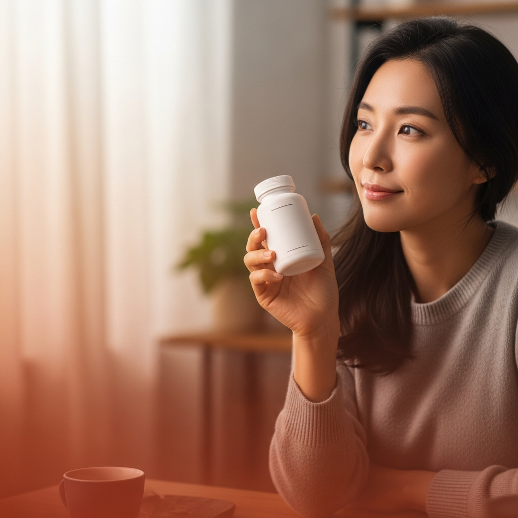 A thoughtful Korean woman holding a supplement bottle, soft focus, warm lighting, cozy home setting, gradient background, no text