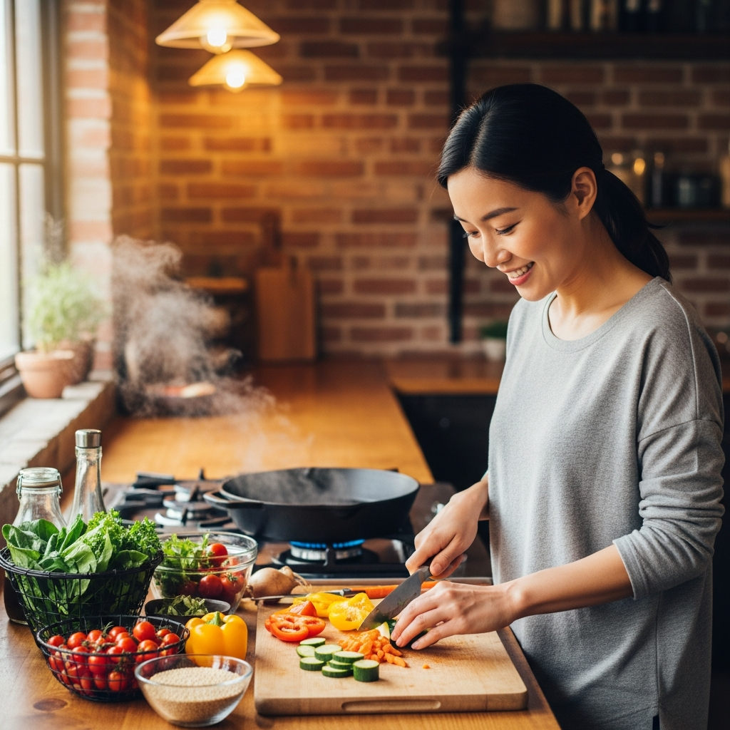 warm lighting, textured background, Korean woman, healthy lifestyle, cooking healthy food, no text