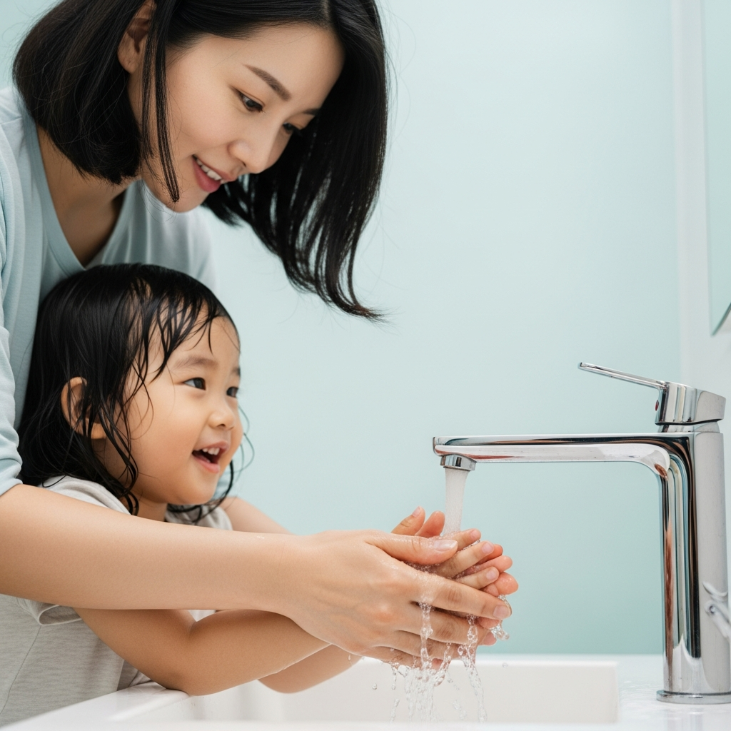 A Korean mother gently washing her child's hands under running water in a clean bathroom, bright, balanced lighting, natural setting, lifestyle photography, colored background, no visible text in image, centered focus, visually rich, no empty margins