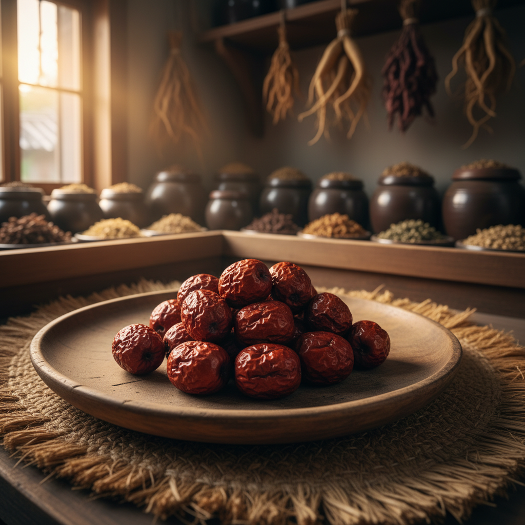 A close-up shot of dried jujubes (daechu) in a traditional Korean setting, perhaps on a wooden tray in an herb shop, with soft, natural lighting and a warm, textured background. No visible text. Style: lifestyle photography, warm lighting, natural setting.