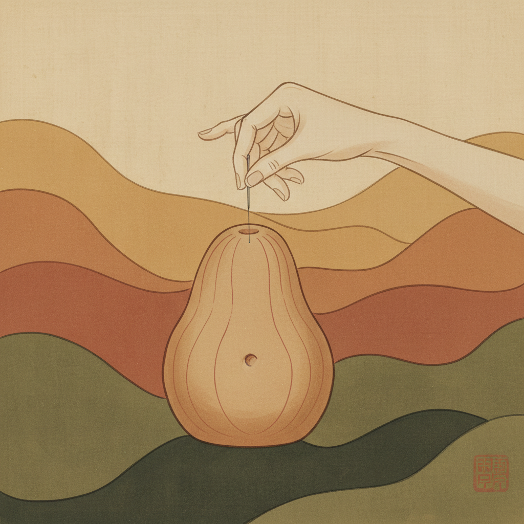 A gentle hand placing an acupuncture needle on an abdomen model, traditional Korean art style, warm earthy tones background, no text