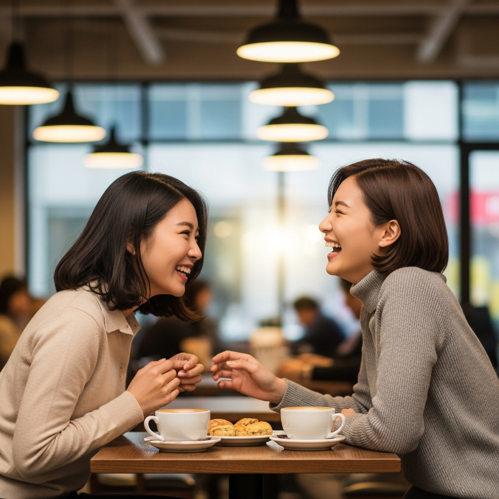 Two Korean friends sharing a genuine laugh over coffee, warm and inviting atmosphere, lifestyle photography, soft lighting, cafe background, feeling of connection and joy, no text