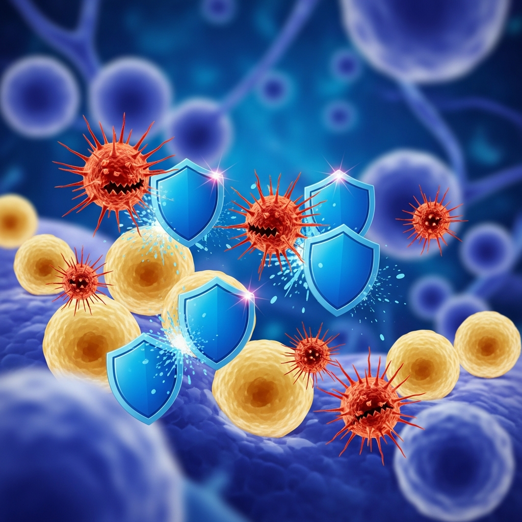 A detailed illustration of antioxidants, represented as small protective shields, actively fighting off free radicals (depicted as irregular, aggressive shapes) around healthy cells. The background is vibrant, suggesting a microscopic view. Style: clean infographic. No text.