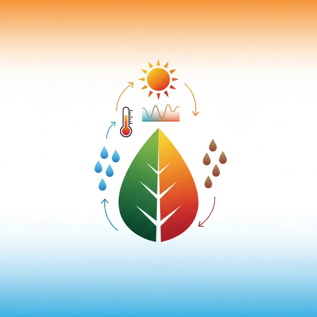 A modern infographic illustrating environmental factors (sun, temperature, water drops) influencing leaf color change. Clean layout, high contrast, gradient background, no text