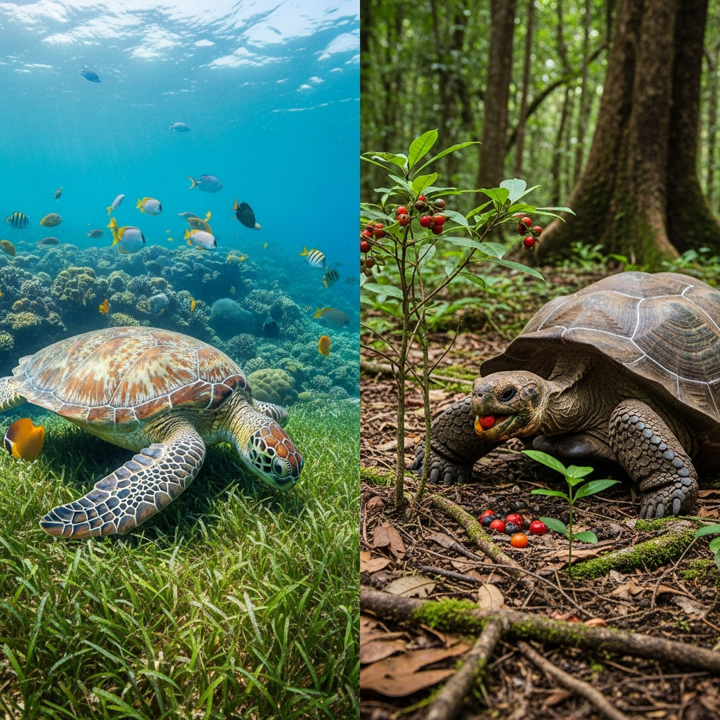 Scene related to ecological roles of turtles. A sea turtle grazing on seagrass in a vibrant coral reef, and a tortoise interacting with plants and spreading seeds in a lush forest. Detailed composition, colored ocean and forest background, no text.